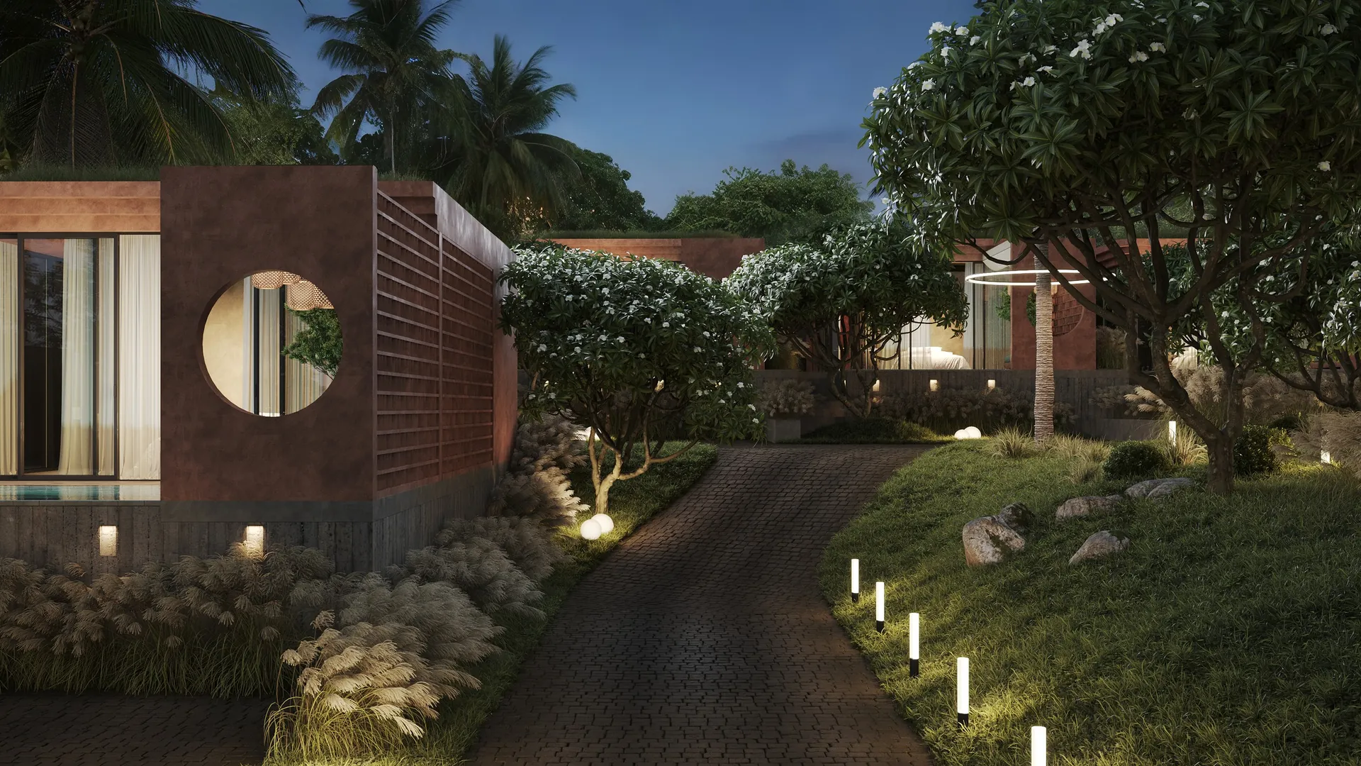 Ardhana Fengshui villas along the garden path, evening