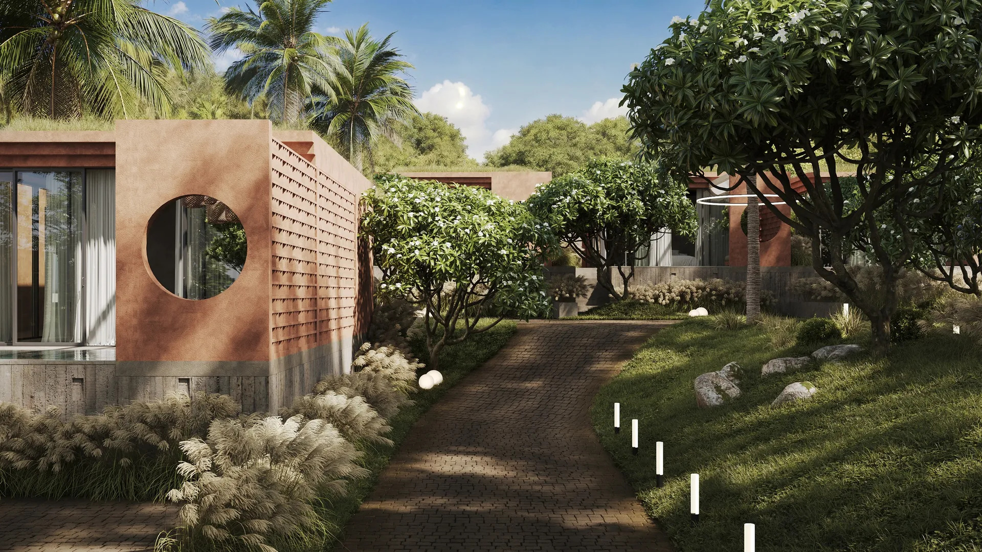 Ardhana Fengshui villa with its round window, garden path