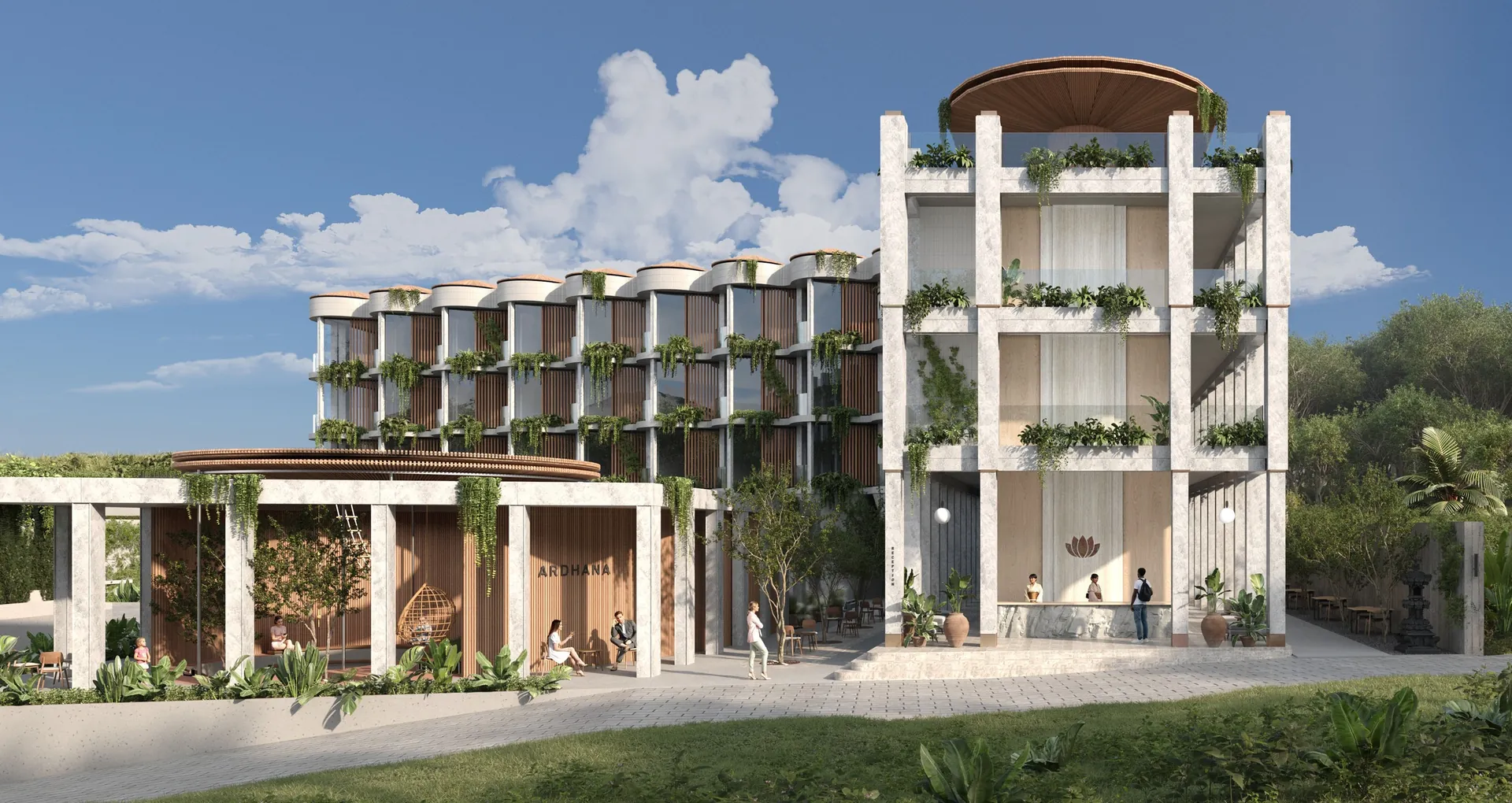 Ardhana hotel front with its corner tower and entrance pergola