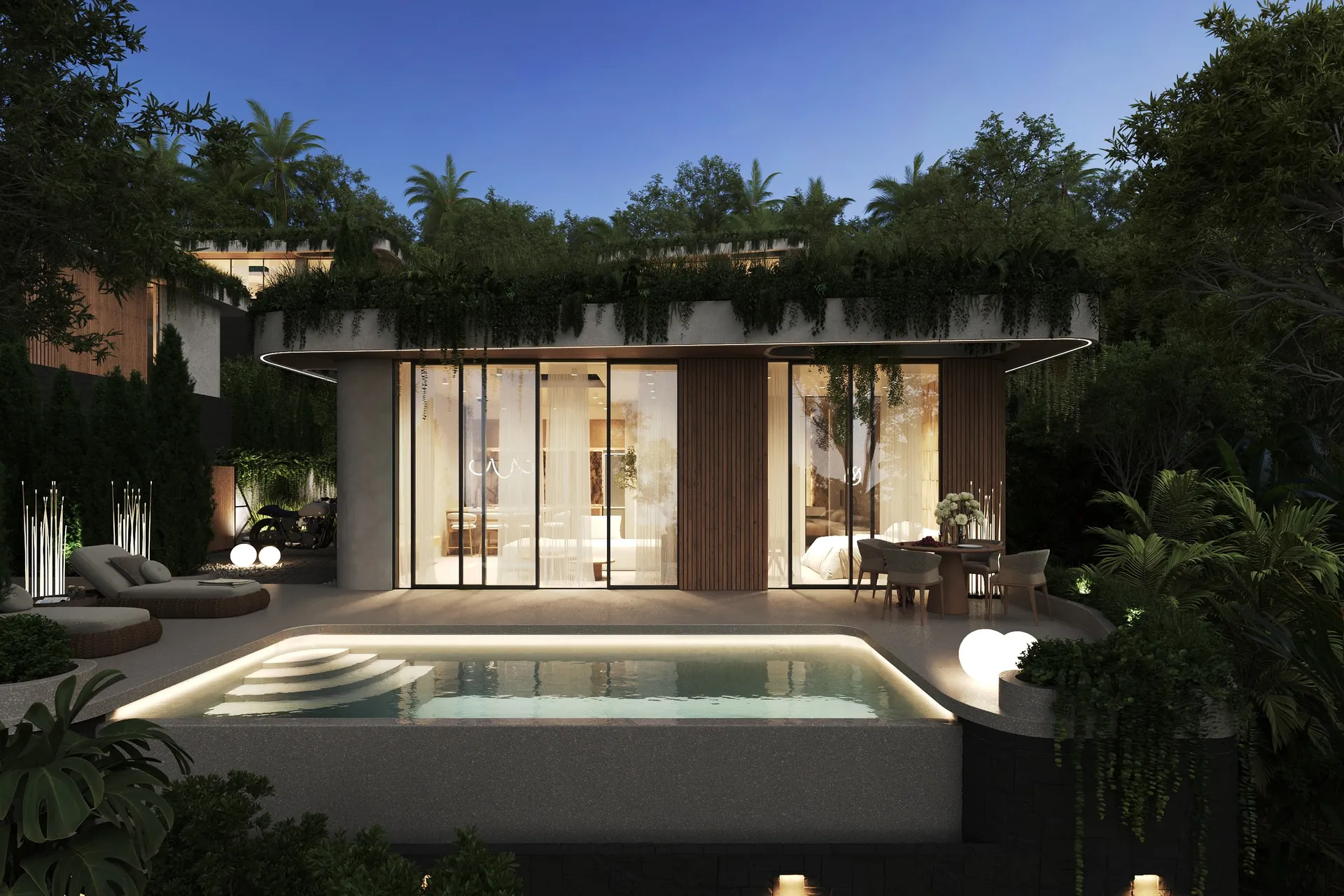 Ardhana one-bedroom Luxury villa and its pool in the evening