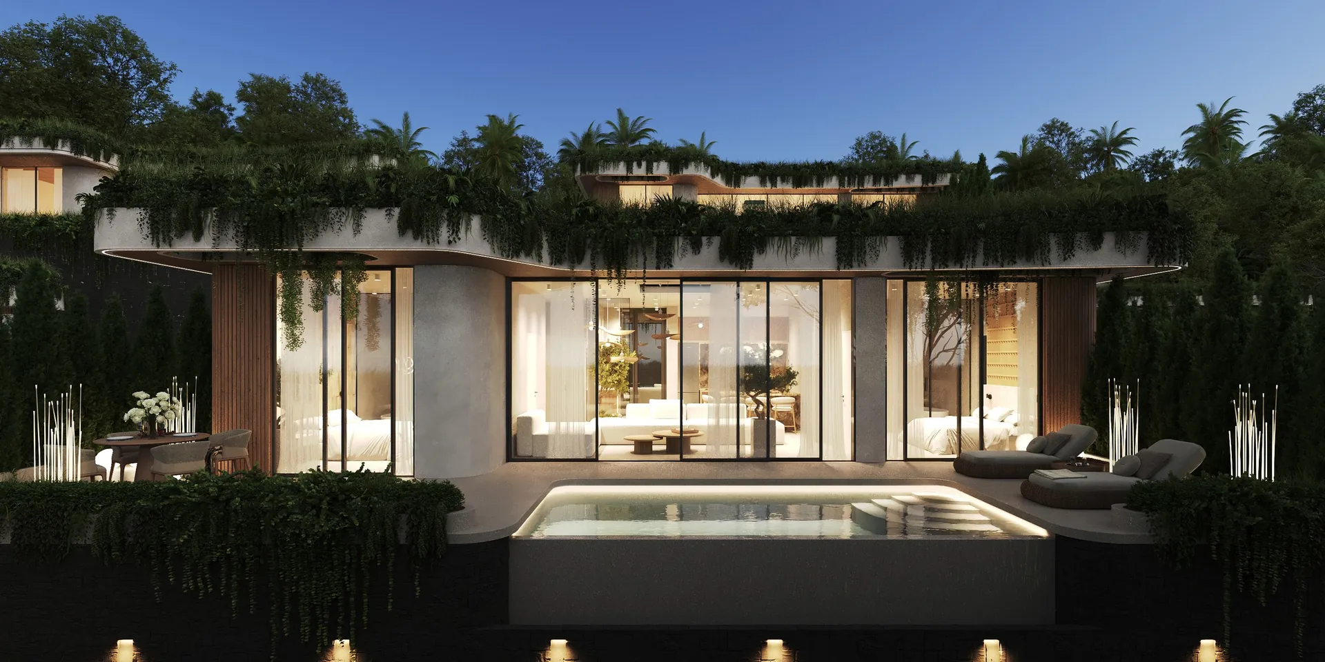 Ardhana two-bedroom Luxury villa lit in the evening