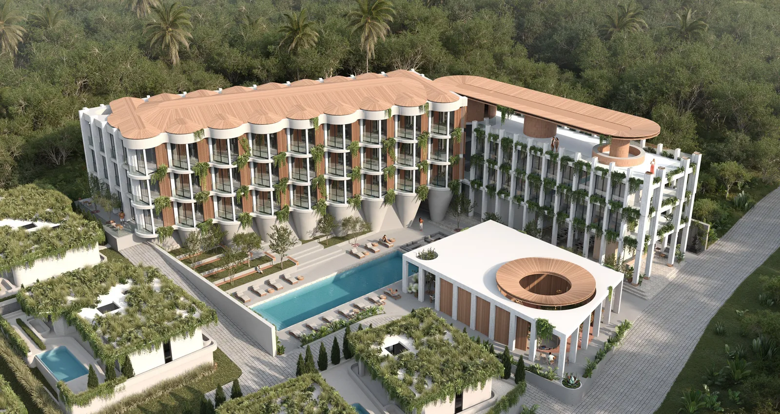 Aerial view of Ardhana hotel and central pool